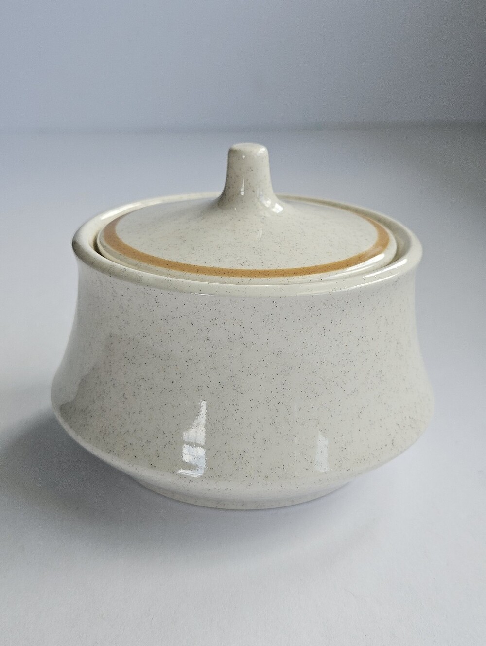 vintage JC Penney beige speckled stoneware sugar bowl cream MCM mustard yellow